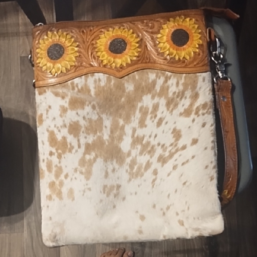 Sunflower Embossed Leather and Cowhide Bag